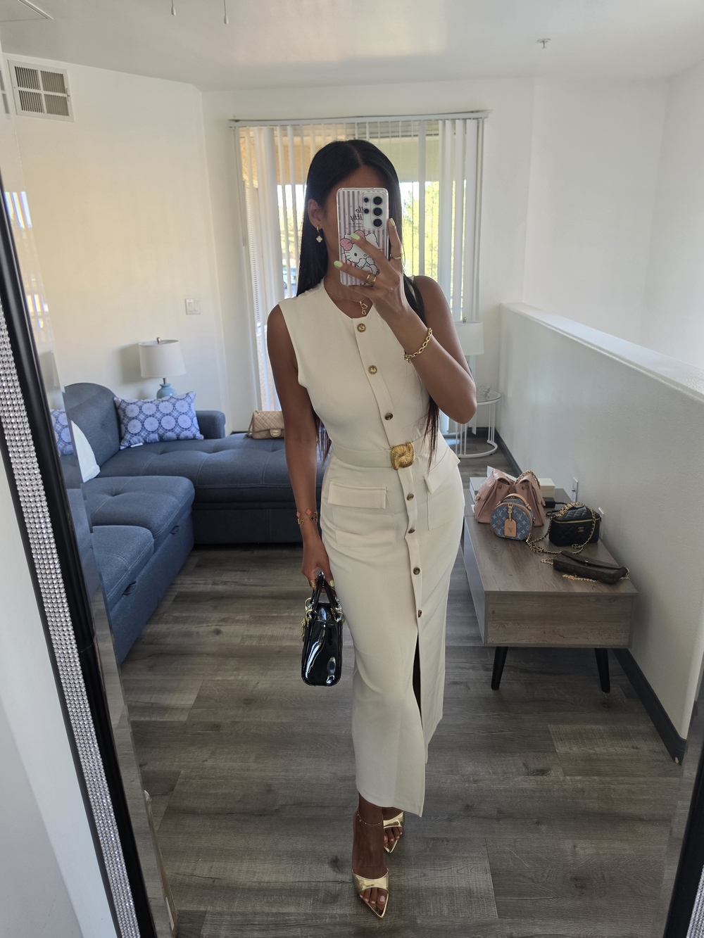 Zara Cream Button-Front Midi Dress with Gold Accents - Picture 3 of 17